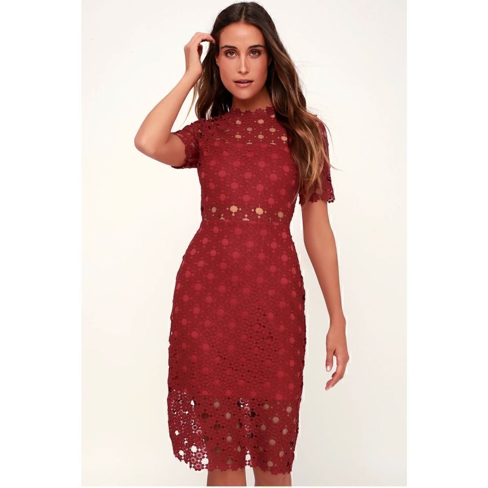 Lulus Burgundy Crochet Laced Bodycon Midi Dress Size S/ Party/ Cocktail/Formal - Picture 2 of 15